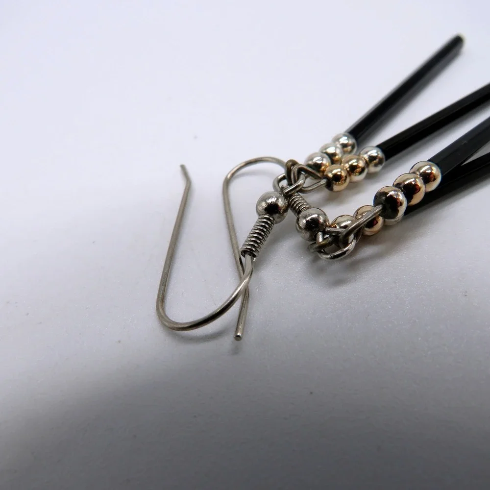Vintage Black Bugle Bead Dangle Earrings Silver Tone Accents 2 Inch